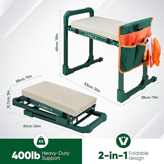 Garden Kneeler and Seat Foldable Kneeling Chair with Extendable Legs & Thickened Pad,Heavy Duty Foldable Gardener Stool with Tool/Storage Bags for Grandparents Gardeners