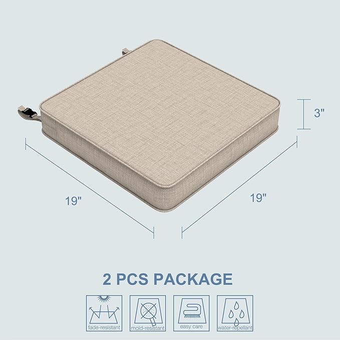 LVTXIII Patio Chair Cushions 19"x19"x3", Water-Repellent Outdoor Seat Cushions for Patio Furniture, Square Chair Pads with Ties for Home Garden Decoration, Set of 2, Light Grey