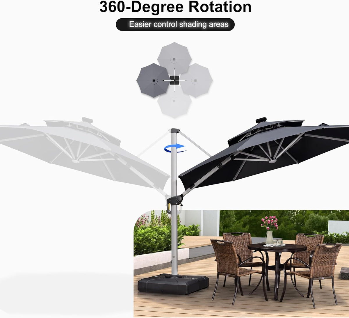 PURPLE LEAF 10ft Solar powered LED Patio Umbrella Outdoor Round Umbrellas Large Cantilever Umbrella with LED lights Windproof Offset Heavy Duty Sun Umbrellas for Garden Deck Pool Patio, Grey