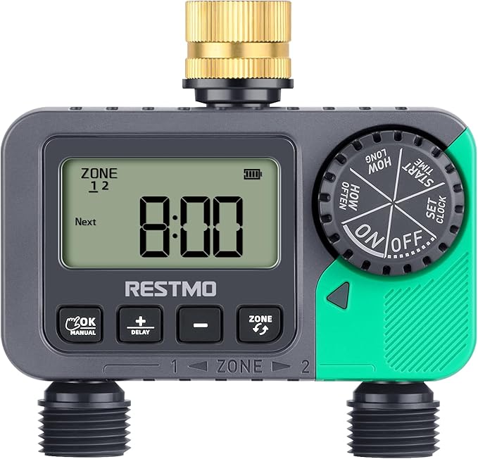 RESTMO Water Timer for Garden Hose, Sprinkler Timer with Brass Inlet, Automatic Digital Control | Manual ON/Off | Rain Delay, for Outdoor Faucet, Drip Irrigation and Lawn, 2 Outlet