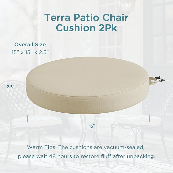 Codi Round Outdoor Chair Cushions 15 Inch, Patio Bistro Cushion Set of 2, Waterproof with Adjustable Straps, Beige 15x15''