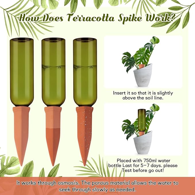 6 Sets Plant Watering Devices Include Terracotta Self Watering Spikes and 26 oz Plastic Bottles, Slow Release Vacation Insert Automatic Plant Waterer Device (Green and Terracotta)