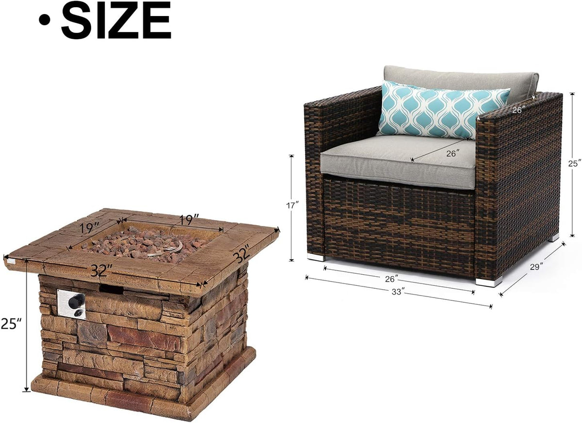 COSIEST 5-Piece Faux Brown Propane Fire Pit Outdoor Furniture Brown Chairs, Warm Gray Wicker Thick Cushion Sofa w 32-inch Square Propane Fire Table (50,000 BTU) for Garden, Pool, Backyard