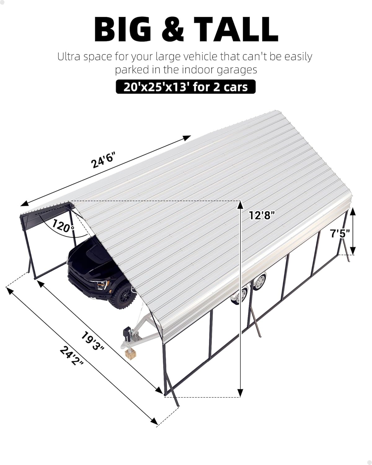 20'x25'x13' Metal Carport for 2 Cars, Heavy Duty Extra Tall Carport for Heavy Snow, Reinforced Frame, Permanent Shelter for Bass Boats, Full-Sized Pickup Trucks, and Tractors, N.W. 980 Lbs