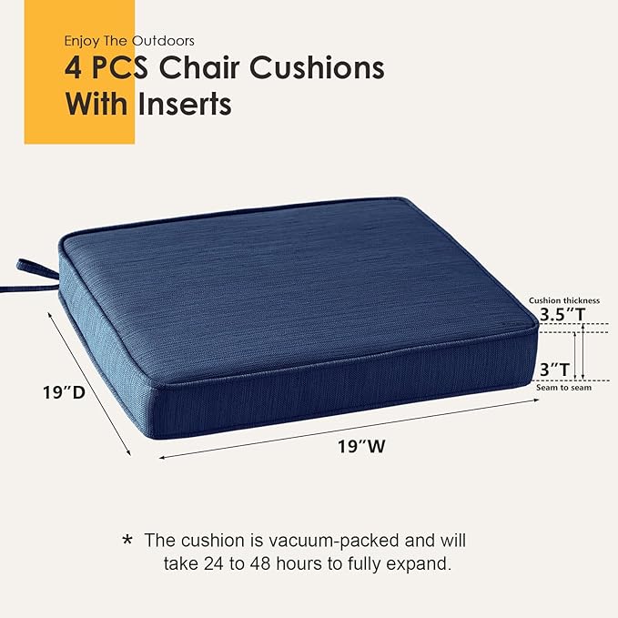 Outdoor Square Corner Seat Cushion, 19"x19"x3", Set of 4, Non Slip Seat Cushion Pads with Removable Cover for Patio Furniture, Garden Yard Lawn, Navy