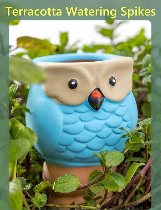 4 Pack Plant Watering Devices, Animal Shape Terracotta Watering Spikes, Vacation Self Watering Planter Insert, Automatic Plant Waterer for Indoor Outdoor Plants (Owl-Grey Eye)