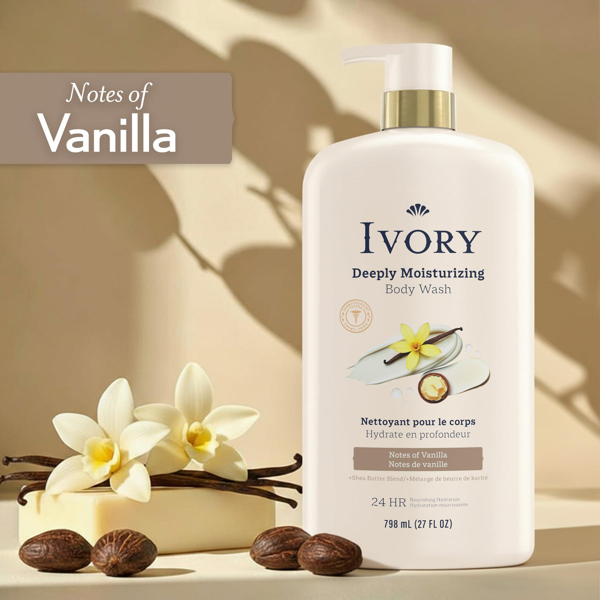 Ivory Deeply Moisturizing Body Wash, 24hr Nourishing Hydration, Soothes Itchy Dry Skin, Made with Shea Butter Blend, Free of Dyes Heavy Perfumes Parabens & Phthalates, Vanilla Scent, 27 oz