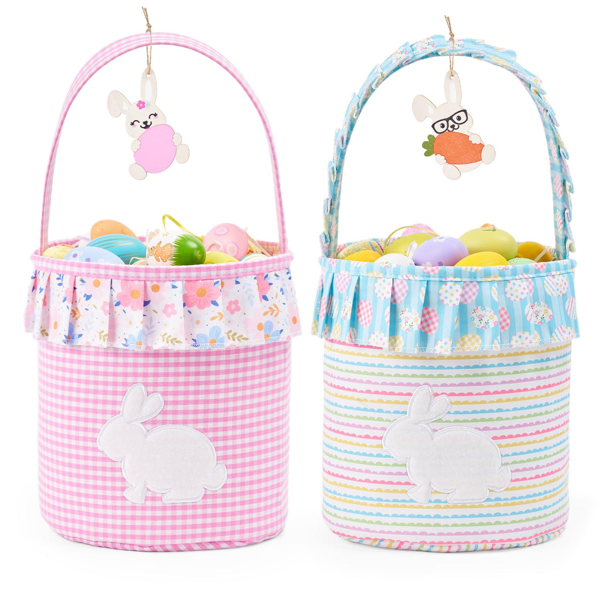 Munidow Easter Baskets for Toddler Boys Set of 2 With Wooden Tag Bunny Egg Basket Gingham Bucket Candy with Handle Tote Bucket Reusable Goody Baskets