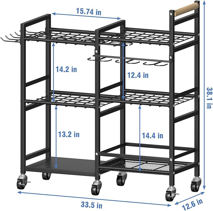 NADAMOO Garden Tool Organizer with Rolling Wheel, 3-tier Metal Shelf Yard Tool Holder, Utility Stand Rack for Garage Organization and Storage, Hold Long-Handled Rakes, Shovel, Broom