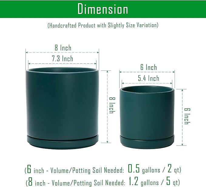 D'vine Dev 6 Inch & 8 Inch Ceramic Planter Pots for Plants with Drainage Hole and Saucer, Medium Plant Pots Set, Teal, 94-G-M-9