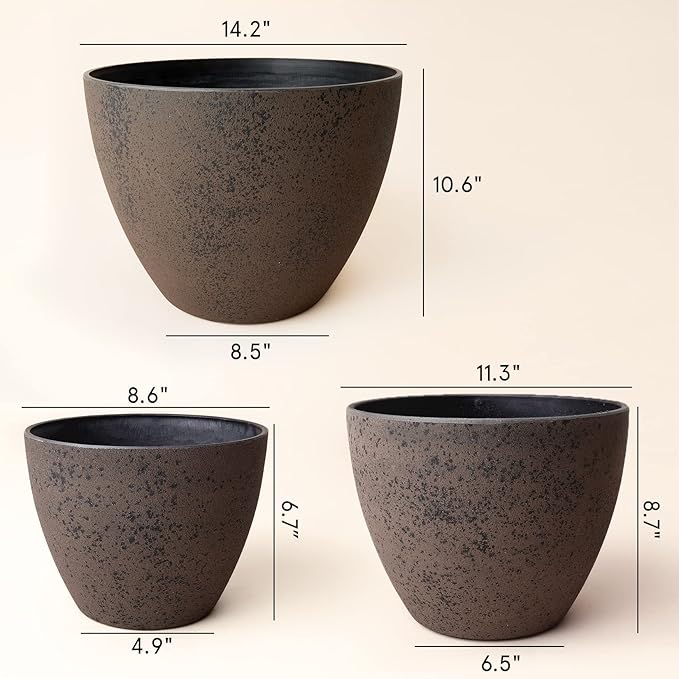 LA JOLIE MUSE 14.2/11.3/8.6 Inch Large Planters,Indoor/Outdoor Round Planters Set of 3,New Iron Plant Container with Drain Holes,Tree Flower Plant Pots for Patio and Deck