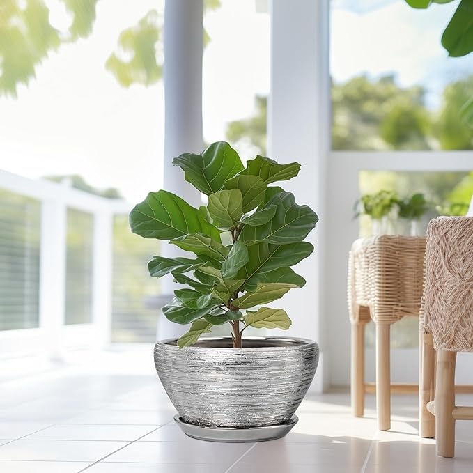 Flower Pot for Indoor Plants - Ceramic Planter 13 Inch Plant Pot with Drainage Hole and Saucer Large Decorative Planter Outdoor Mid-Century Planter for House Decor Silver