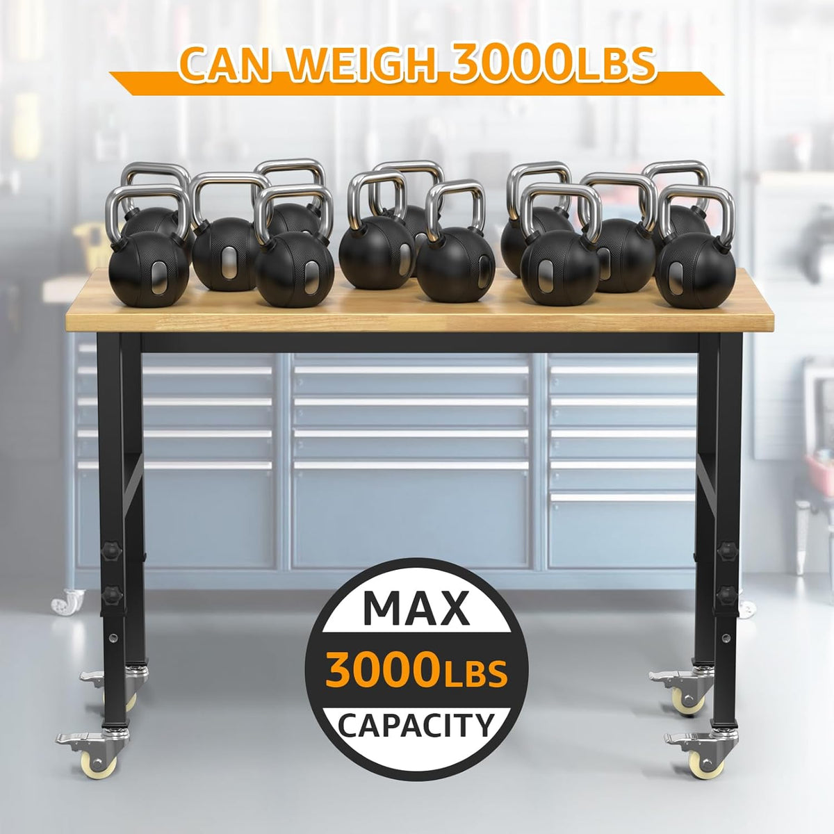 48" Adjustable Workbench,Heavy-Duty Work Table,3000 LBS Load Capacity Hardwood Workstation with Wheels,for Workshop, Garage