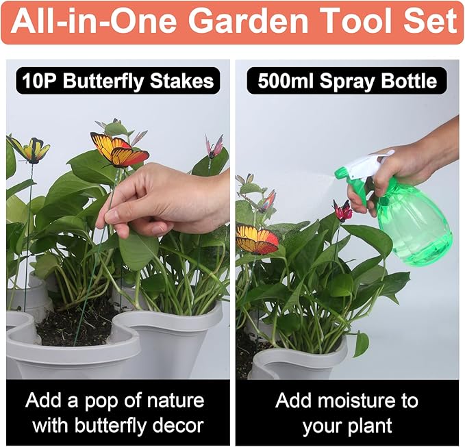 Vertical Planter, 5 Tier Stackable Strawberry Planter with Garden Tool Set, Movable Indoor/Outdoor Garden Herb Pot for Growing Vegetables and Succulents, Gray