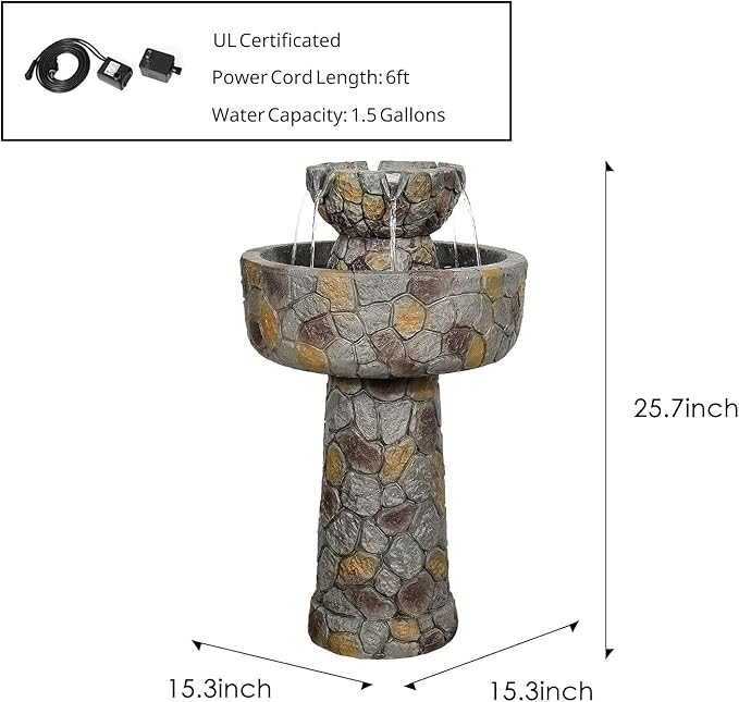 SunJet 25.7” High x 15.3” Diameter Concrete Bird Bath with Faux Stone Finish - Outdoor Water Fountain with Electric Pump - Birdbath for Garden, Patio, Yard, Lawn Décor