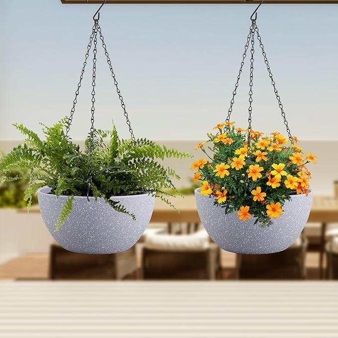 12 inch Large Hanging Planters for Indoor Outdoor Plants, 2 Pack Hanging Flower Pots with Drainage Holes and Chain for Garden Porch, Plastic Hanging Baskets for House Plants, Speckled Grey