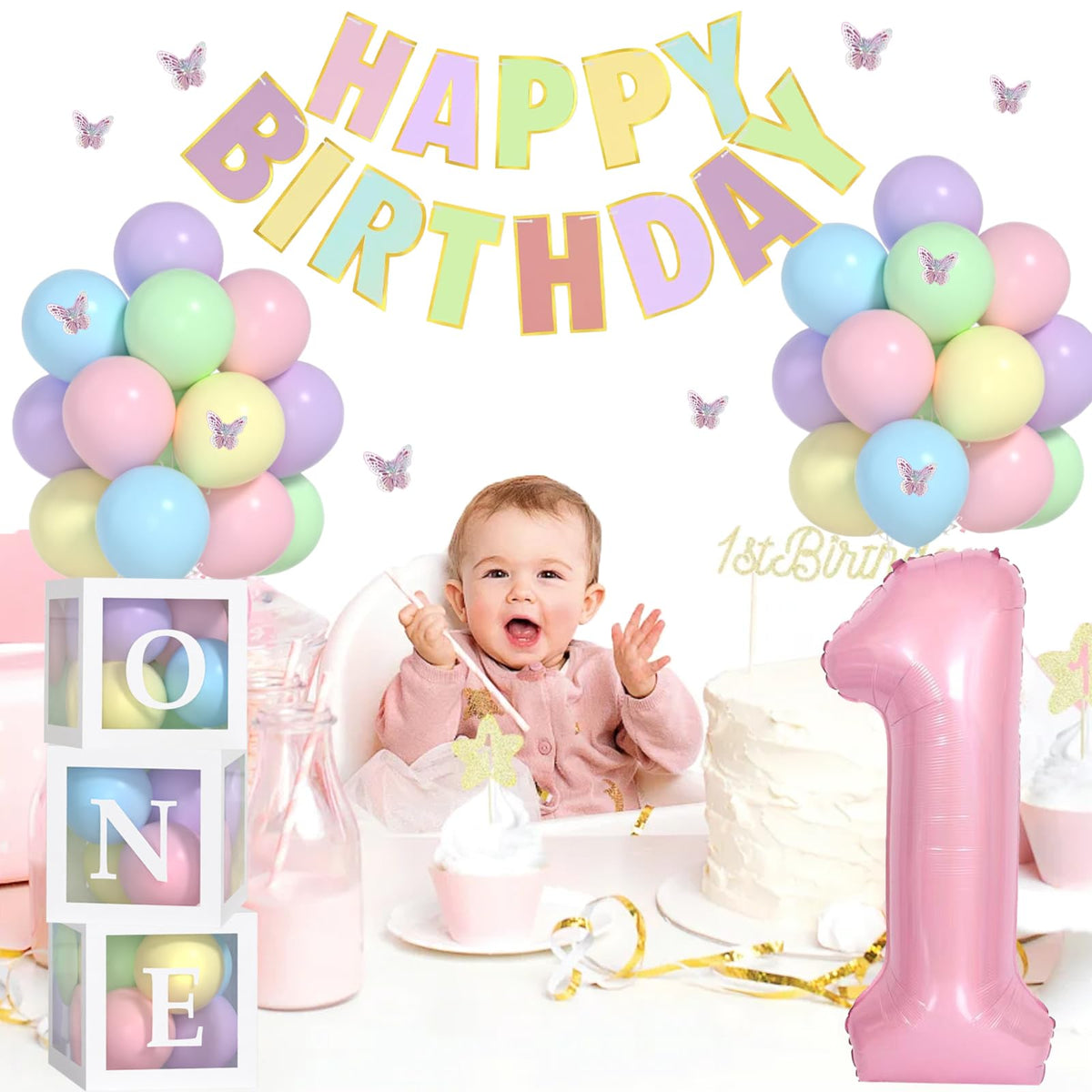 Yumiche First Birthday Decorations For Girl-40 Inch Pink 1 Number,Pastel HAPPY BIRTHDAY Banner, Pastel Balloons And One Balloon Boxes for one year old