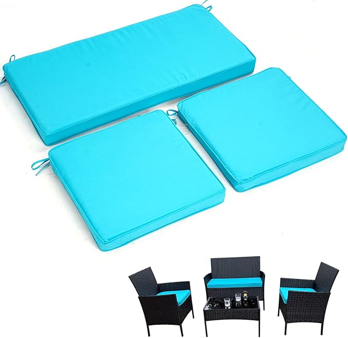 3-Pack Outdoor Patio Furniture Replacement Cushions Set–High-Elastic Sponge Cushions Fit 4-Piece Wicker Rattan Sofa, Loveseat & Chairs, 36x18x2 & 18x18x2, Waterproof, Fade-Resistant (Lake blue)