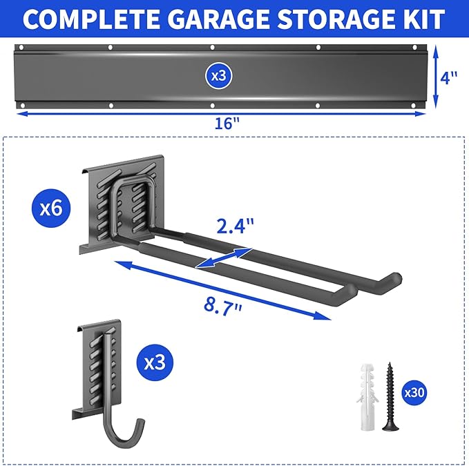 Garage Organization Tool Organizer Wall Mount, 48inch Heavy Duty Garden Tool organizer Storage System, Easy Install With 9 Adjustable Hooks, For Garage, Basement, Shed, Workshop(Black)