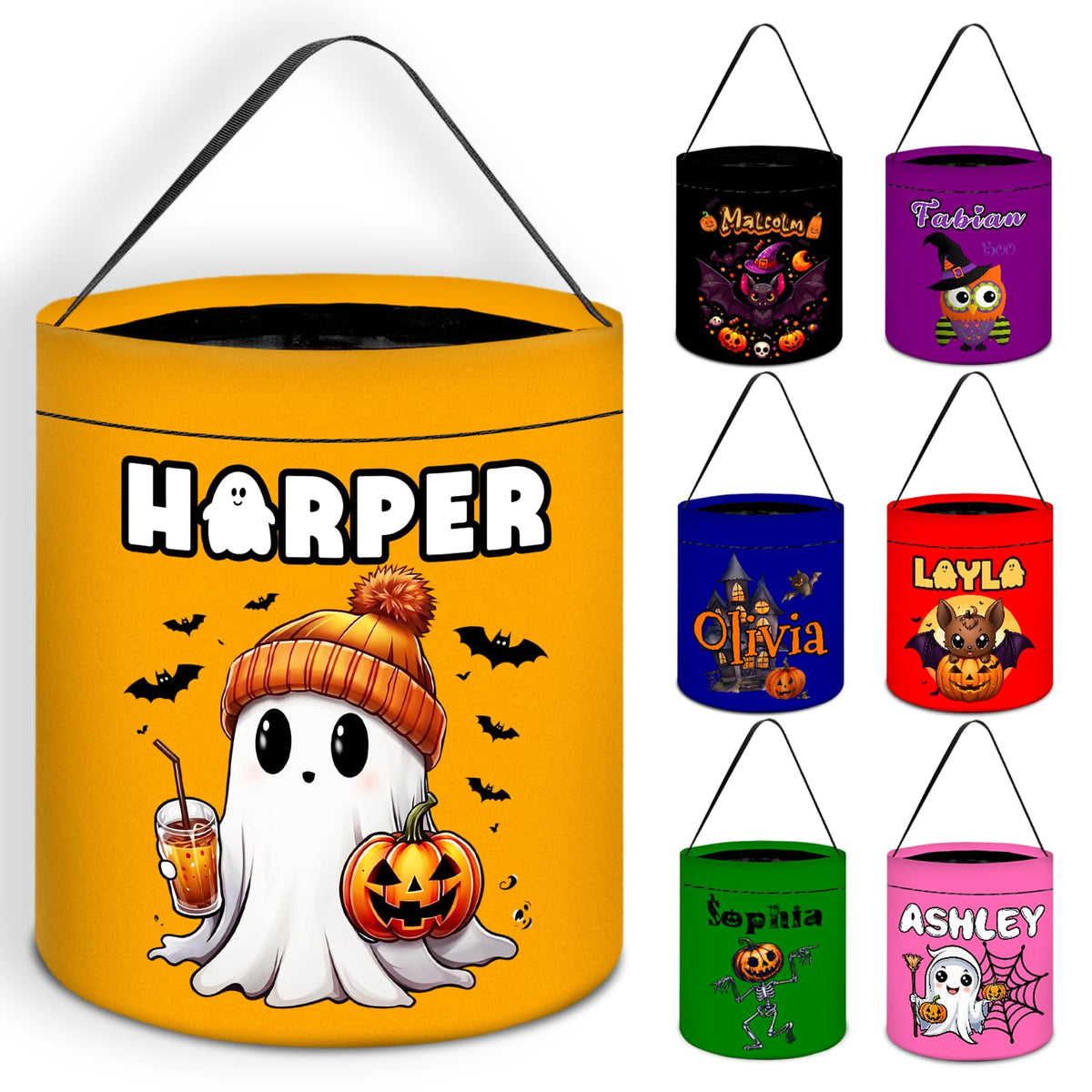 Samenquet Personalized Halloween Baskets for Kids Customized Trick or Treat Bucket Custom Halloween Bag Gifts for Baby Boys Girl Toddler with Pumpkin