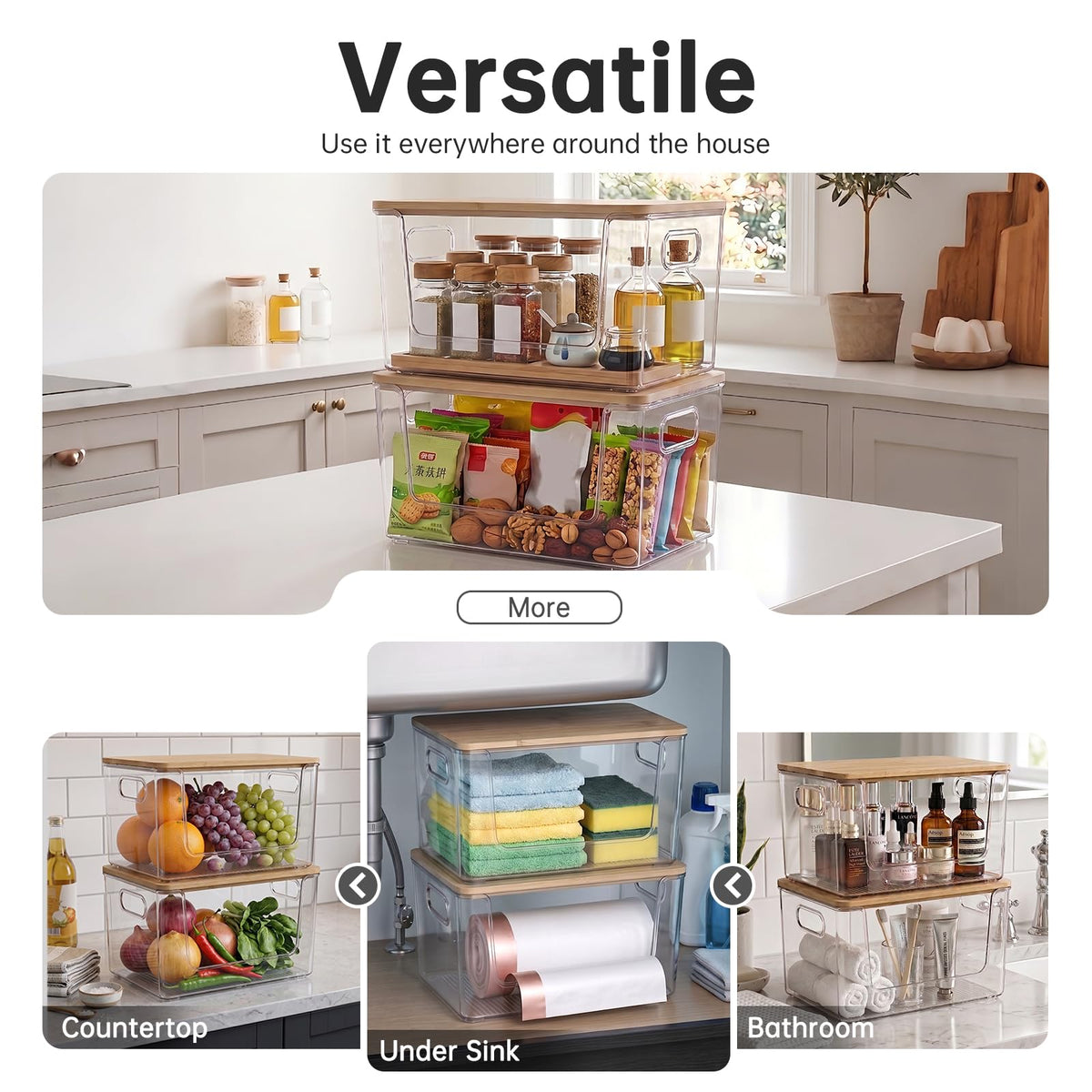 Sesopoen Trash Bag Holder 2 Pack, Stackable Garbage Bag Dispenser with Bamboo Lid, Large Capacity Under Sink Organizer for 13/30/33 Gallon Bags, Clear Storage Bins for Kitchen, Laundry Room