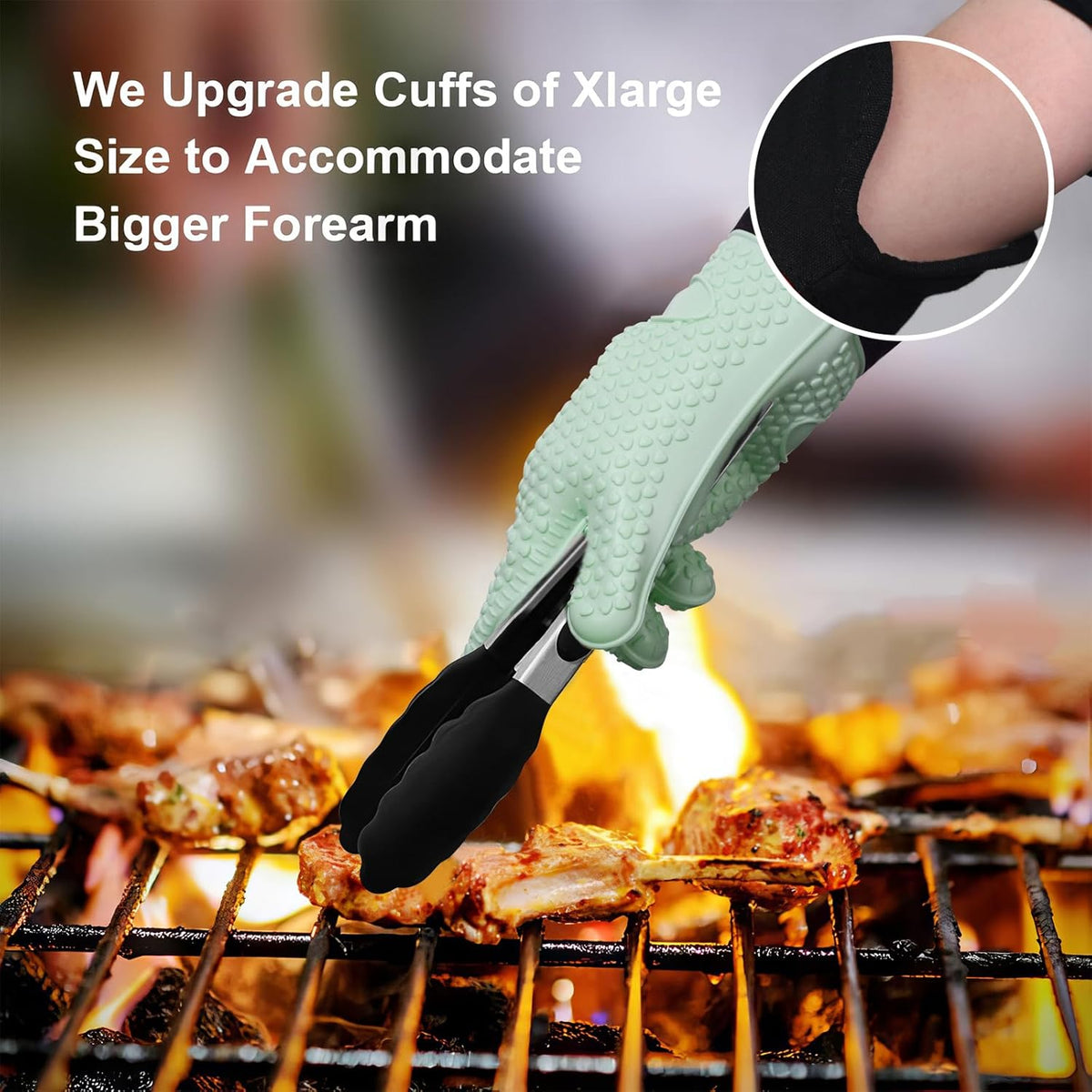 GEEKHOM BBQ Gloves Heat Resistant Oven Mitts - Silicone Grilling Gloves with 14" Long Arm Protection - Waterproof Pot Holder Non-Slip for Men & Women, Kitchen Cooking, Baking, Camping, Mint Green