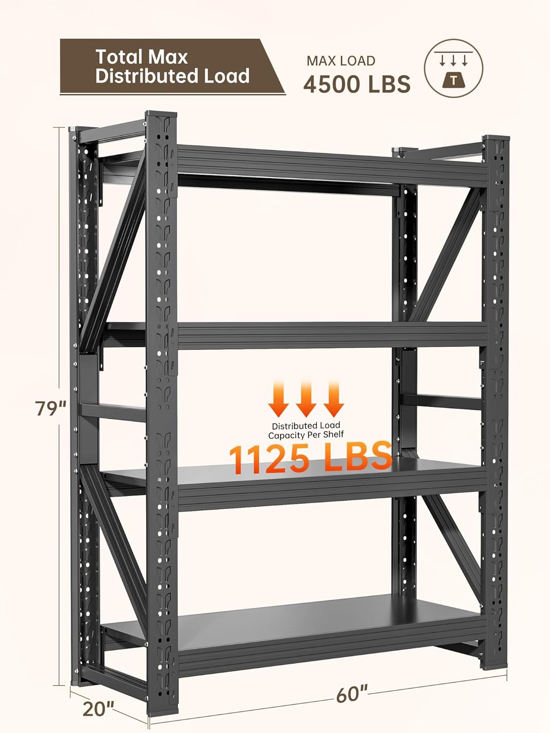4-Tier Storage Shelves,79" H Heavy-Duty Garage Shelving Unit,Adjustable Industrial Metal Shelf System,4,500lbs Capacity,Tool Organizer for Garage,Workshop,60" W*20" D*79" H,Black