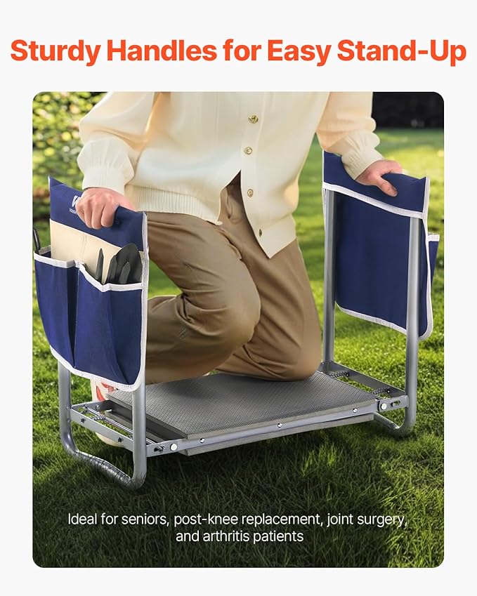 VEVOR Garden Kneeler and Seat Heavy Duty, Portable Garden Stool with 11'' EVA Kneeling Pad and 2 Tool Bags, Folding Garden Bench to Relieve Knee & Back Pain, Great Gifts for Seniors, Family Gardeners
