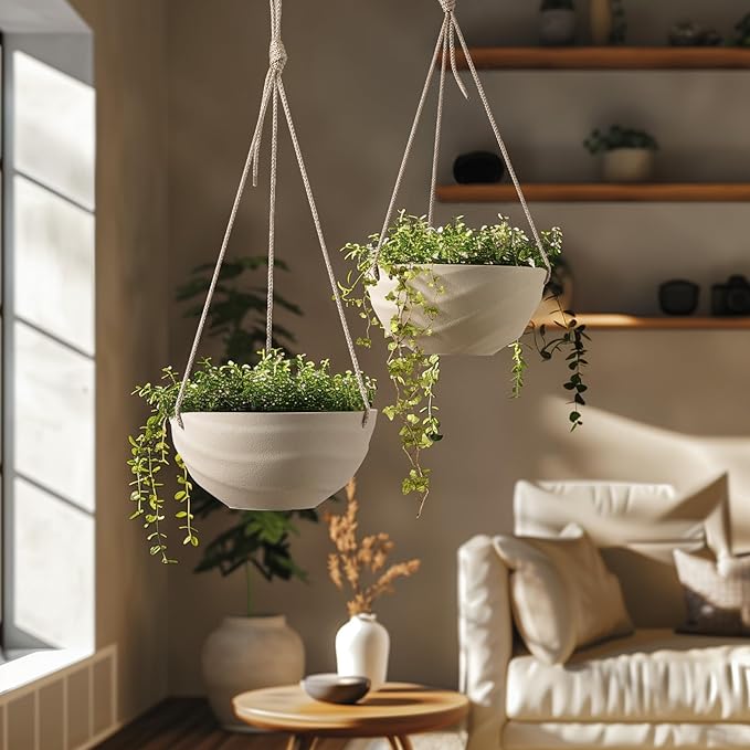 La Jolie Maison 10 Inch Hanging Planters for Indoor Plants, Outdoor Garden Planter Pots with Self-Watering Tray, Oatmeal, Set of 2