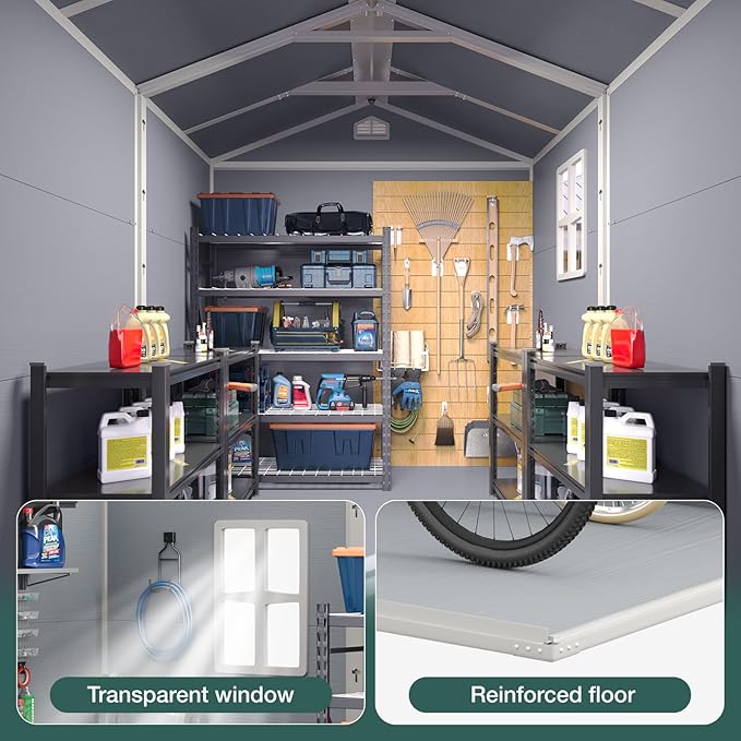 Storage Shed Plastic Outdoor Storage Shed Waterproof Container House with Lockable Door and Transparent Window for Garden, Lawn, Backyard, Patio (6x8FT)