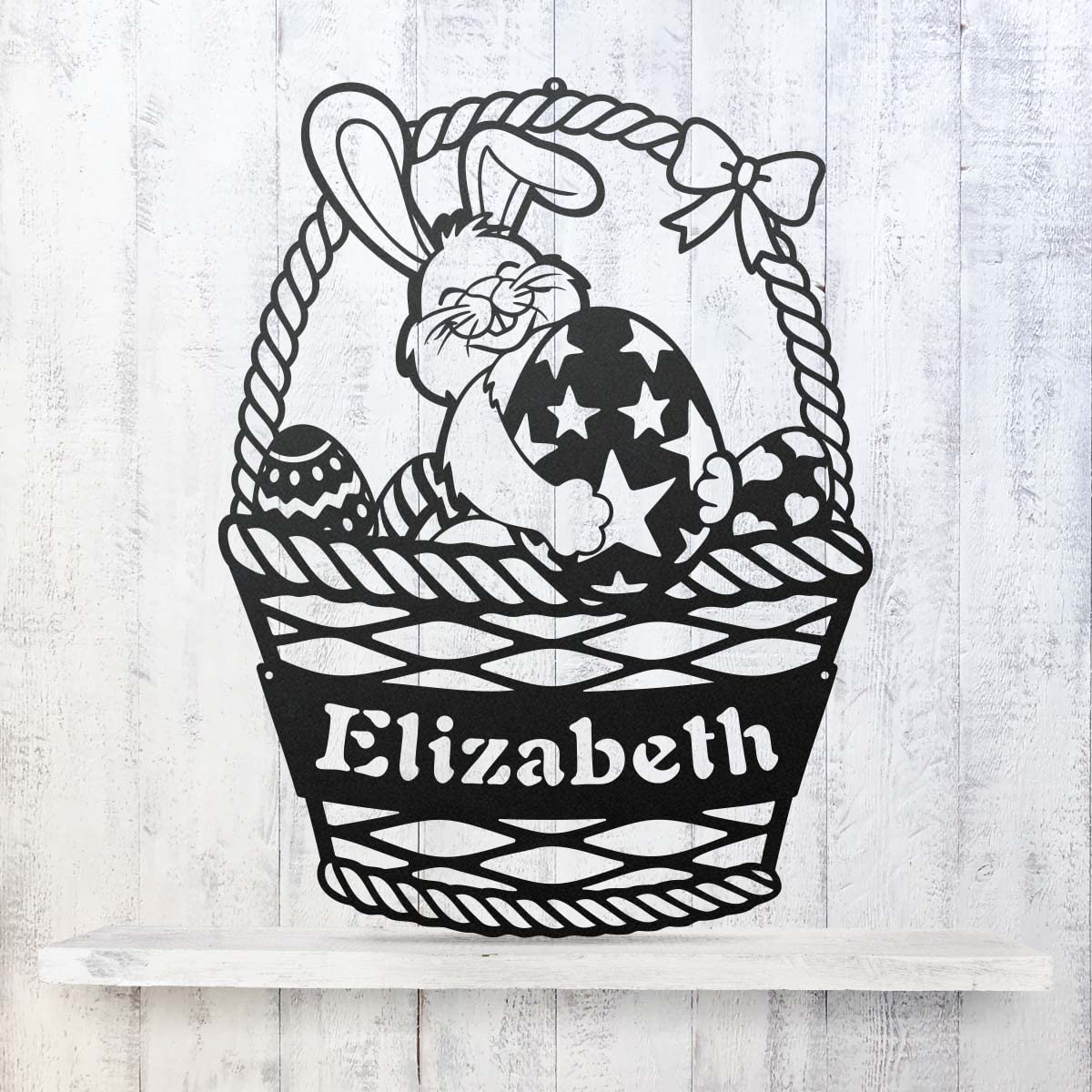 RealSteel Easter Bunny Monogram Metal Wall Art - Personalized Rabbit & Easter Egg Basket Sign - Custom Spring Home Decorations - Nursery Wall Décor