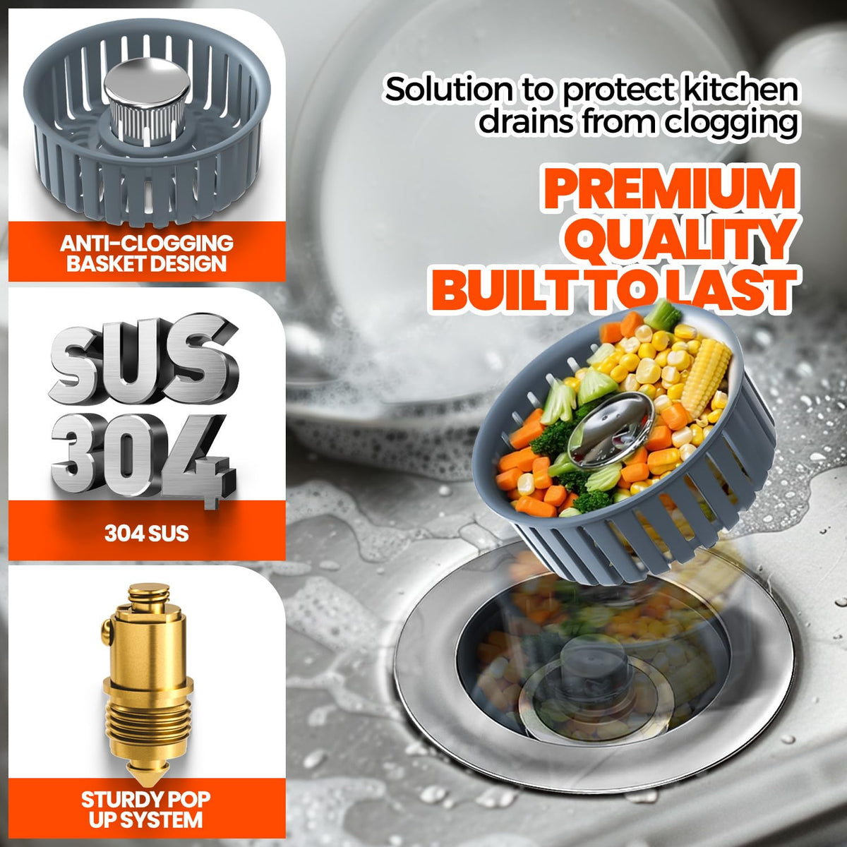 Nipoko 3 in 1 Kitchen Sink Drain Strainer and Stopper Silver 1 Pack