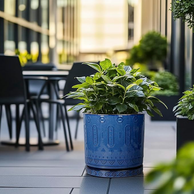12 Inch Pot for Plants - Ceramic Planter for Indoor Plants Large Plant Pot with Drainage Holes and Saucer Outdoor Flower Pot Decorative Round Planter for Porch Office Decor Blue