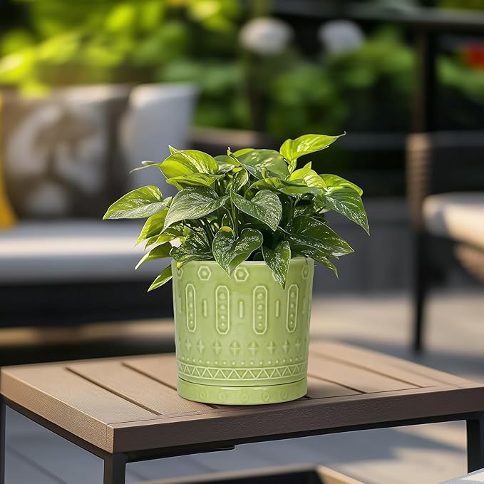 Ceramic Pot for Plants - 6 Inch Indoor Planter with Drainage Hole and Saucer, Round Decorative Flower Pots Outdoor, Boho Succulent Planter, Garden Home Decor, Gifts for Plant Lover, Green
