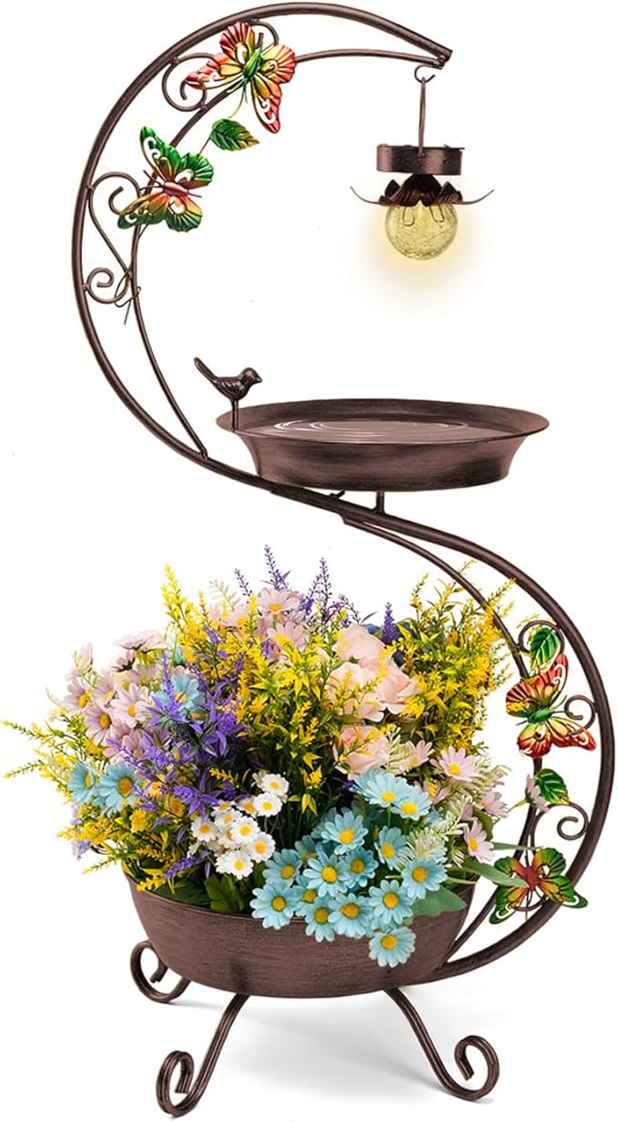 Bird Bath for Outside with Solar Lamp, 36" Birdbaths for Outdoors with Planter Flower Pot, Metal Bird Bath Bowl for Garden Yard Decor (All Vintage Brown)