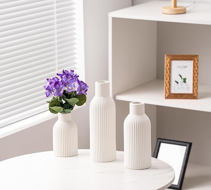Ceramic Vase Set of 3, Flower Vases for Spring Room Decor, Kitchen Farmhouse, Modern Boho Style(White)