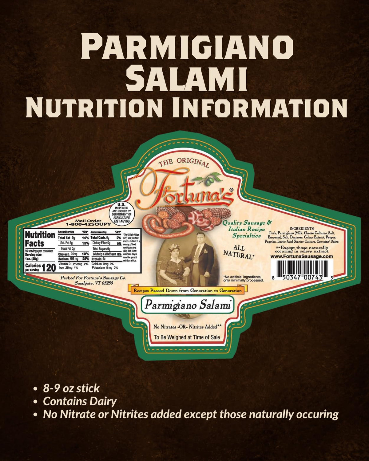 Fortuna's Parmigiano Salami - Nitrate & Gluten Free, All-Natural Pork, Dry-Cured, Made in USA with Real Reggiano parmigiano cheese - 2/8 oz Sticks