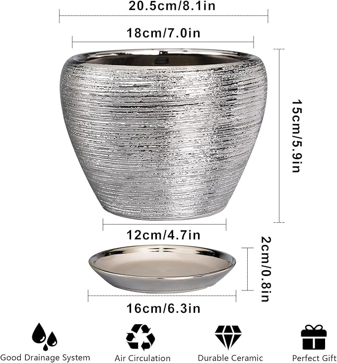 Pot for Plants 8 Inch - Ceramic Plant Pot Indoor with Drainage Hole and Saucer Decorative Planter for Indoor Plants Modern Round Flower Pot for Home Decor Silver