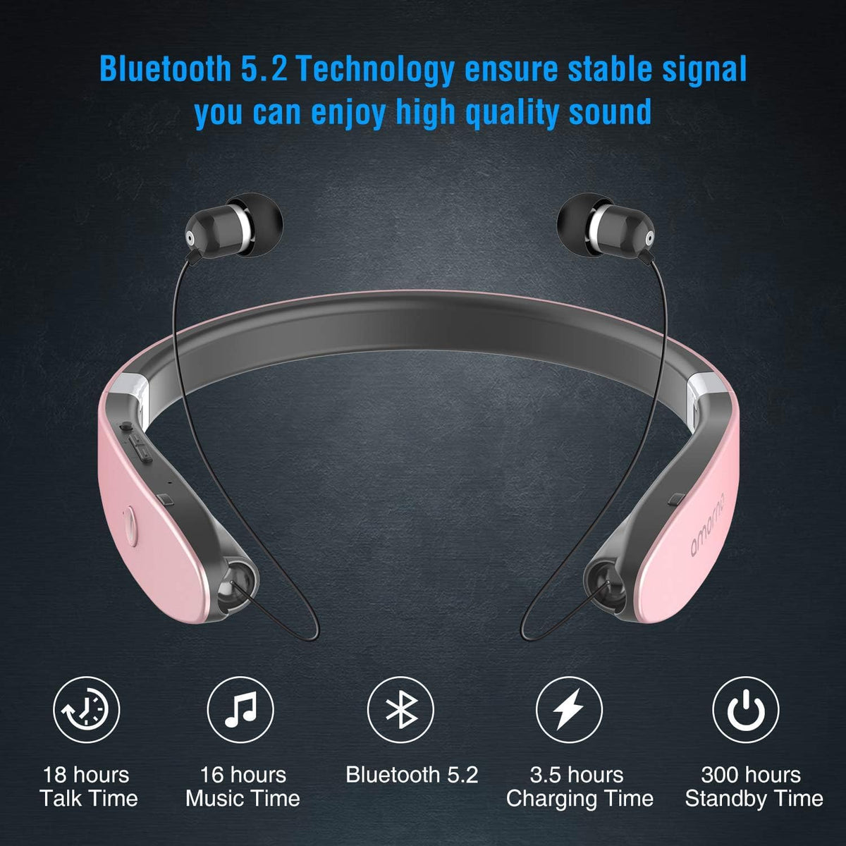 AMORNO Foldable Bluetooth Headphones Wireless Neckband Headset with Retractable Earbuds, Sports Sweatproof Noise Cancelling Stereo Earphones with Mic …