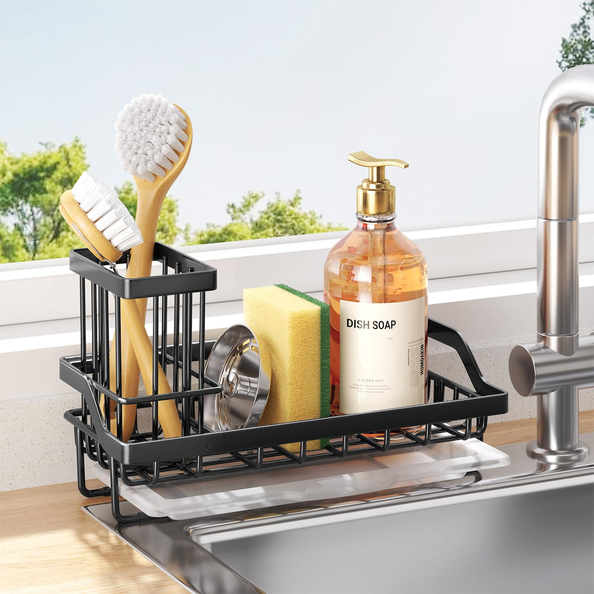 Consumest Sponge Holder for Kitchen Sink - Kitchen Sink Caddy Organizer with Removable Drip Tray for Countertop Dish Soap Dispenser Brush Storage Accessories 304 Stainless Steel - Black
