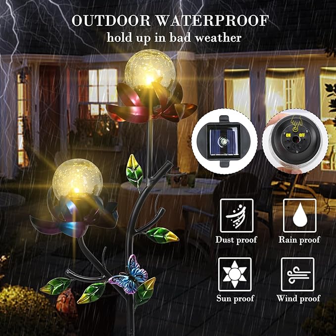 VCUTEKA Solar Garden Light Solar Flowers Light with LED Crackle Glass Globe Solar Lights Outdoor Metal Garden Stake Wind Spinner for Garden Decoration, Patio Decor, Yard Decor and Gift for Mother