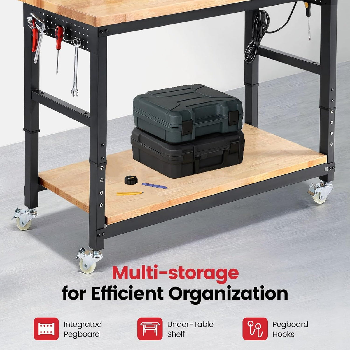 Workbench for Garage with Wheels 60 x 22 Inch Heavy Duty Rubberwood Tabletop Work Table with Under Table Shelf, Pegboard, Power Outlets for Woodworking Shop Home Office