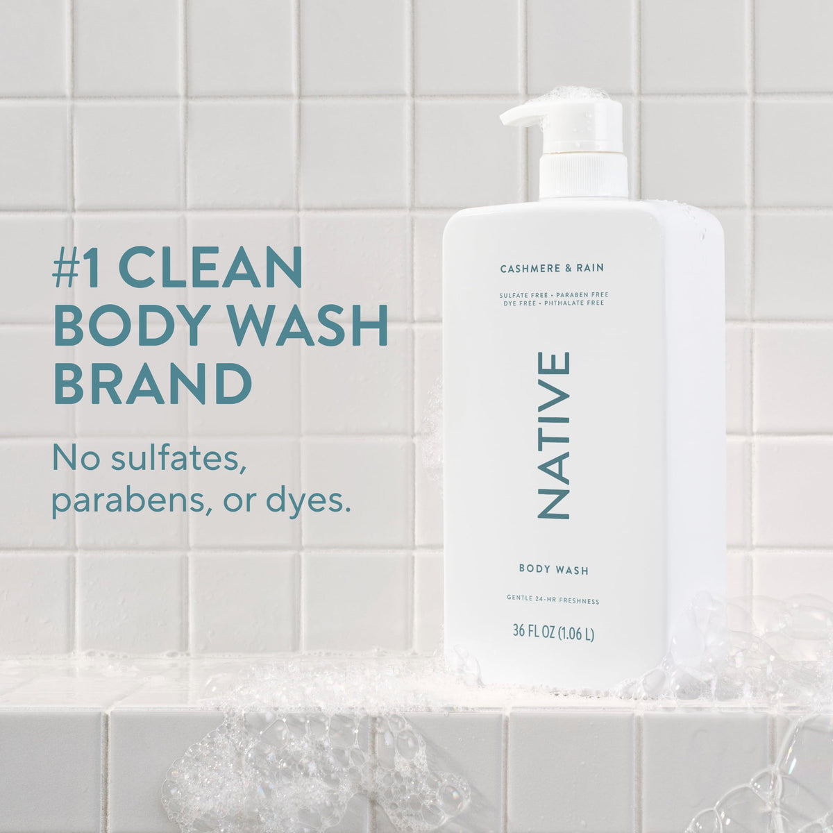 Native Clean Body Wash, Gentle & pH-balanced for Sensitive Skin, 24-Hr Freshness for Women & Men, Vegan & Cruelty-Free, Free of Sulfates, Parabens & Phthalates, Cashmere & Rain, 36 oz