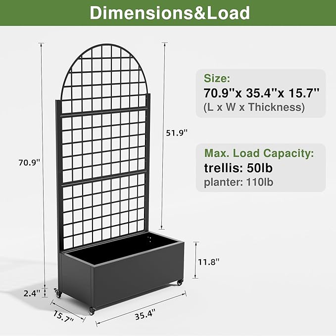 Casaphoria Metal Raised Garden Bed with Trellis and Wheels, 72"x35"x16" Arched Planter Box for Climbing Plants, Vegetables & Vines, Features Drainage Holes and Privacy Screen (Black-Grid)