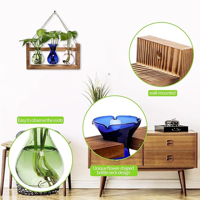 Plant Propagation Station Plant Terrarium Unique Birthday Gifts for Women Plant Lovers Home Office Decor Planter with Wooden Stand - 3 Bulb Glass Vase
