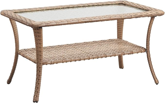 Patio Tables Outdoor Coffee Table - Wicker Rattan Coffee Tables with 2-Tier Storage Shelf Glass Top for Outside Proch Deck Balcony Garden Rectangle Yellow
