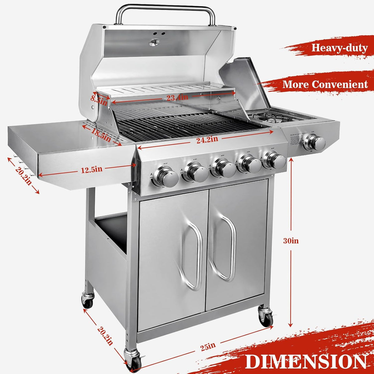 Llamaviva 68,000 BTU 5-Burner Propane Gas Grill with Side Burner & Food Clip | Professional Stainless Steel Outdoor BBQ Grill | 647 sq in Cooking Space + Warming Rack | Patio Cart Design for Backyard