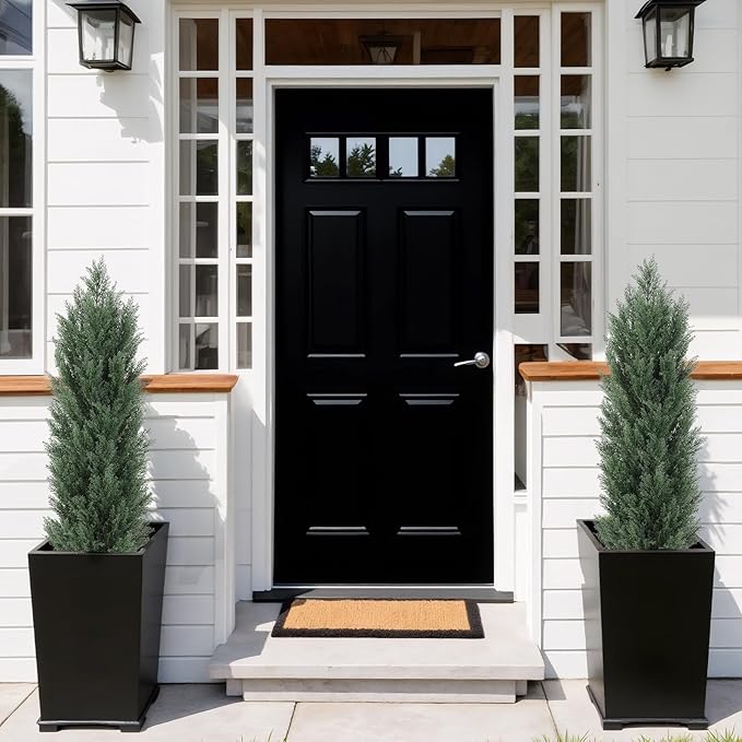 THE BLOOM TIMES 4ft Topiary Trees Artificial Outdoor 2 Pack – UV Resistant Faux Cedar Pine Cypress Bushes and Shrubs, Fake Potted Plants for Front Porch Outside Planter Patio Decor, Set of 2 (4 Foot)