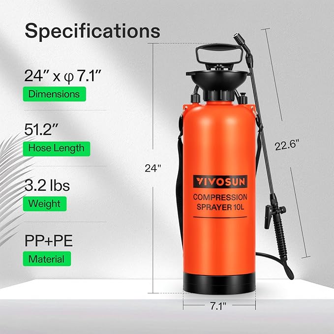 VIVOSUN 2.64-Gallon Pump Pressure Sprayer, Pressurized Lawn & Garden Water Spray Bottle with Adjustable Shoulder Strap, for Plants Spraying, Garden Watering and Household Cleaning
