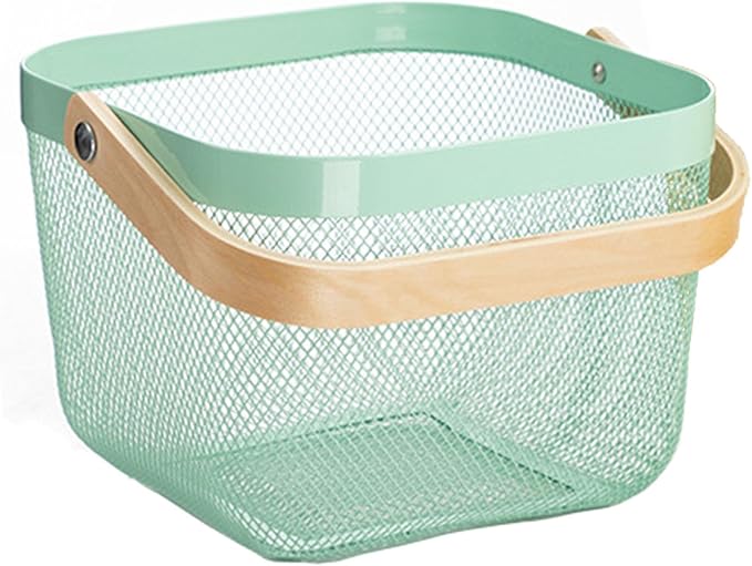Metal Mesh Steel Basket, Storage Organizer Basket Multi-functional Hanging Kitchen Baskets Fruit Basket with Wooden Handle for Kitchen Bathroom Picnic Shopping Decor Cabinet Home, Macaron Blue